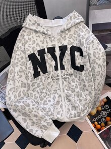 SHEIN Tween Girls Knitted Leopard Print Pattern Hooded Open Front Sweatshirt - Grey - View 6