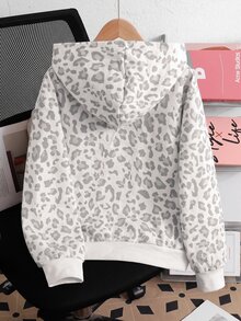 SHEIN Tween Girls Knitted Leopard Print Pattern Hooded Open Front Sweatshirt - Grey - View 4