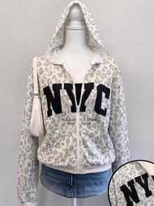 SHEIN Tween Girls Knitted Leopard Print Pattern Hooded Open Front Sweatshirt - Grey - View 3