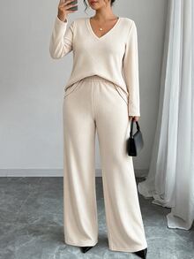 SHEIN LUNE CURVE Women's Plus Size Spring/Autumn 2 Pieces Set Soft Knit V-Neck Long Sleeve Top And Wide Leg Pants Loose Drapey Commute Casual Knit Outfit Fall - Apricot - View 5