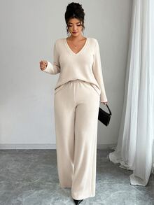 SHEIN LUNE CURVE Women's Plus Size Spring/Autumn 2 Pieces Set Soft Knit V-Neck Long Sleeve Top And Wide Leg Pants Loose Drapey Commute Casual Knit Outfit Fall - Apricot - View 7