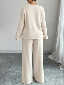 SHEIN LUNE CURVE Women's Plus Size Spring/Autumn 2 Pieces Set Soft Knit V-Neck Long Sleeve Top And Wide Leg Pants Loose Drapey Commute Casual Knit Outfit Fall - Apricot - View 8