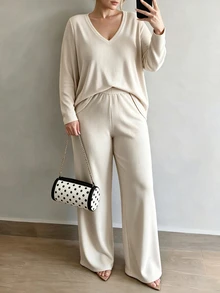 SHEIN LUNE CURVE Women's Plus Size Spring/Autumn 2 Pieces Set Soft Knit V-Neck Long Sleeve Top And Wide Leg Pants Loose Drapey Commute Casual Knit Outfit Fall - Apricot - View 4