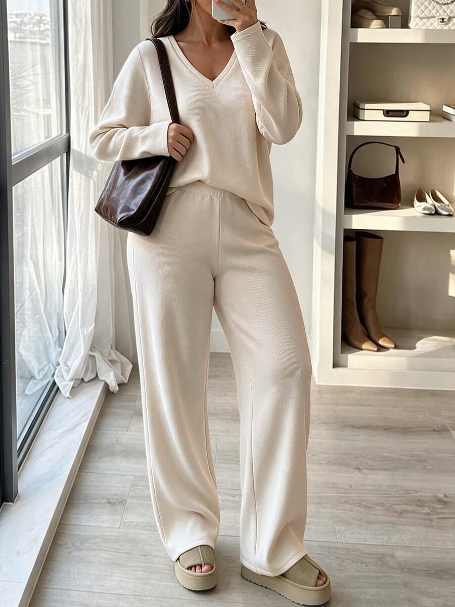 SHEIN LUNE CURVE Women's Plus Size Spring/Autumn 2 Pieces Set Soft Knit V-Neck Long Sleeve Top And Wide Leg Pants Loose Drapey Commute Casual Knit Outfit Fall - Apricot - View 1