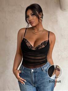 Firerie Plus Size Women's Contrast Lace Mesh Ruched Sexy Camisole Camisole - Black - View 1