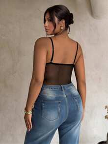 Firerie Plus Size Women's Contrast Lace Mesh Ruched Sexy Camisole Camisole - Black - View 2