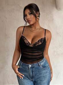 Firerie Plus Size Women's Contrast Lace Mesh Ruched Sexy Camisole Camisole - Black - View 8