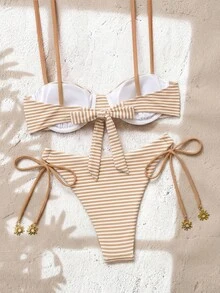 SHEIN Swim 夏季新款歐美風條紋三角比基尼兩件套，肩帶綁帶，平口抹胸式內墊鋼圈上衣，性感三點式高衩三角褲，小胸聚攏無肩帶比基尼泳衣，適合女性與女孩，甜美溫泉海灘度假生日派對 - 杏色 - 查看 2