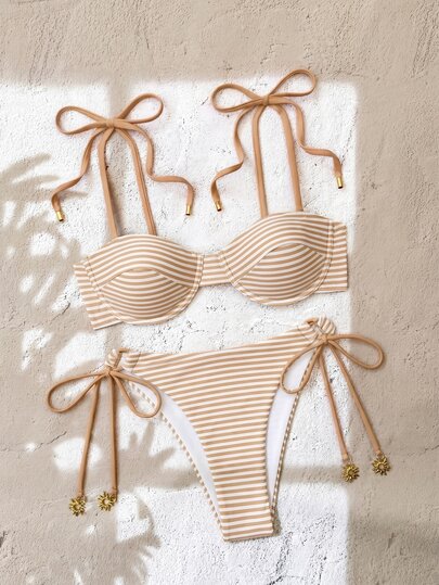 Swim Mod Summer New European & American Style Striped Triangle Bikini 2 Pieces Set, Shoulder Strap Tie, Bandeau Straight-Across Top With Padding And Underwire, Sexy Three-Point High-Cut Triangle Bottom, Small Bust Push-Up Strapless Bikini Swimwear For Women & Girls, Sweet Hot Spring Beach Vacation Birthday Party