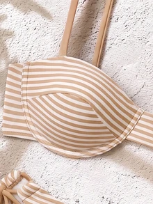 SHEIN Swim 夏季新款歐美風條紋三角比基尼兩件套，肩帶綁帶，平口抹胸式內墊鋼圈上衣，性感三點式高衩三角褲，小胸聚攏無肩帶比基尼泳衣，適合女性與女孩，甜美溫泉海灘度假生日派對 - 杏色 - 查看 4