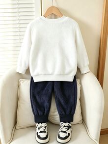 2件組小男孩秋冬休閒可愛拼色運動衫+長褲套裝，幼兒抓絨布拼接服飾，生日花童白色粉色 - 彩色 - 查看 2