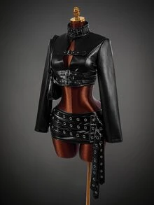 Amplova Women's Autumn/Winter Fashion Solid Color Stand Collar Belt Metal Eyelet Cropped Jacket PU Style Suitable For Autumn/Winter Outfits - Black - View 8