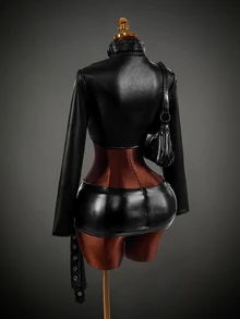 Amplova Women's Autumn/Winter Fashion Solid Color Stand Collar Belt Metal Eyelet Cropped Jacket PU Style Suitable For Autumn/Winter Outfits - Black - View 13