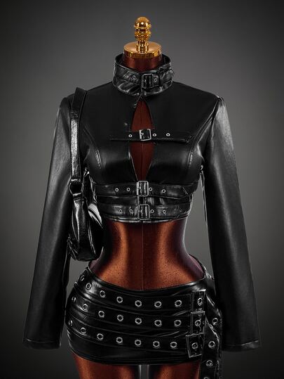 Amplova Women's Autumn/Winter Fashion Solid Color Stand Collar Belt Metal Eyelet Cropped Jacket PU Style Suitable For Autumn/Winter Outfits