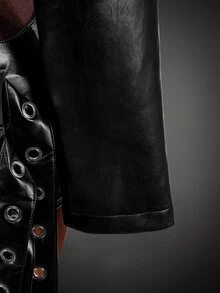 Amplova Women's Autumn/Winter Fashion Solid Color Stand Collar Belt Metal Eyelet Cropped Jacket PU Style Suitable For Autumn/Winter Outfits - Black - View 12