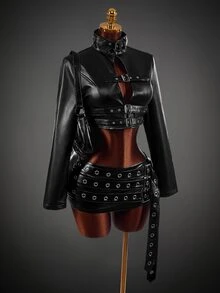 Amplova Women's Autumn/Winter Fashion Solid Color Stand Collar Belt Metal Eyelet Cropped Jacket PU Style Suitable For Autumn/Winter Outfits - Black - View 9