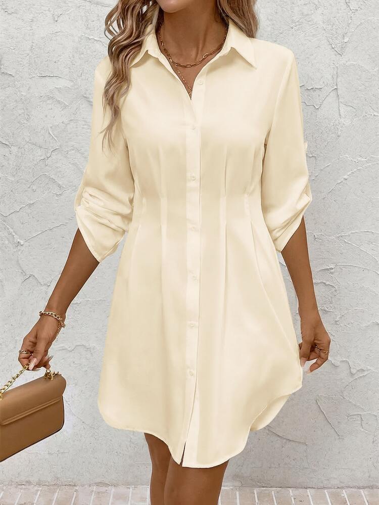 Editum Women's Autumn/Winter Smart Casual Beaded French Bubble Elegant Commuter Brunch Work Beach Formal Office Floral Print Shirt Dress White Teachers' Day - Apricot - View 4