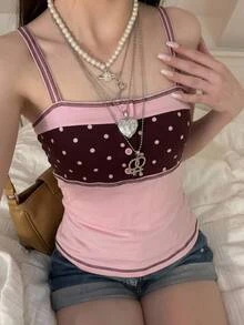 CovetEZ Women's Patchwork Pink Polka Dot Print Button Design Camisole Brunch Party Summer Cute 2000s 70s Retro - Pink - View 8