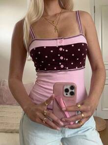 CovetEZ Women's Patchwork Pink Polka Dot Print Button Design Camisole Brunch Party Summer Cute 2000s 70s Retro - Pink - View 2