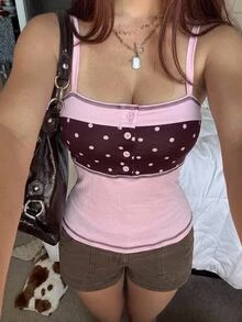 CovetEZ Women's Patchwork Pink Polka Dot Print Button Design Camisole Brunch Party Summer Cute 2000s 70s Retro - Pink - View 3