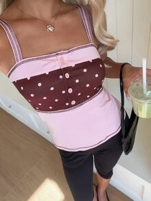 CovetEZ Women's Patchwork Pink Polka Dot Print Button Design Camisole Brunch Party Summer Cute 2000s 70s Retro - Pink - View 7