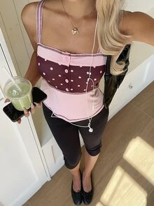 CovetEZ Women's Patchwork Pink Polka Dot Print Button Design Camisole Brunch Party Summer Cute 2000s 70s Retro - Pink - View 5