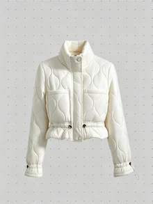 valorelle valorelle Women's Wavy Quilted Short Puff Padded Coat, High Neck Drawstring Hem Long Sleeve Lightweight Short Padded Coat With Pockets - White - View 6