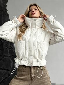 valorelle valorelle Women's Wavy Quilted Short Puff Padded Coat, High Neck Drawstring Hem Long Sleeve Lightweight Short Padded Coat With Pockets - White - View 1