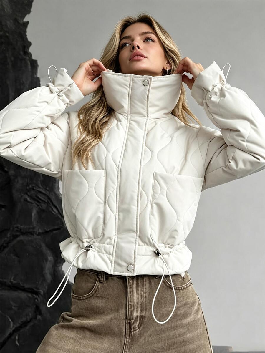 valorelle valorelle Women's Wavy Quilted Short Puff Padded Coat, High Neck Drawstring Hem Long Sleeve Lightweight Short Padded Coat With Pockets - White - View 1