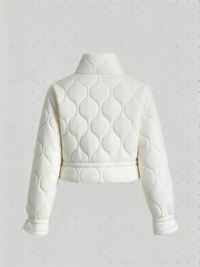 valorelle valorelle Women's Wavy Quilted Short Puff Padded Coat, High Neck Drawstring Hem Long Sleeve Lightweight Short Padded Coat With Pockets - White - View 2