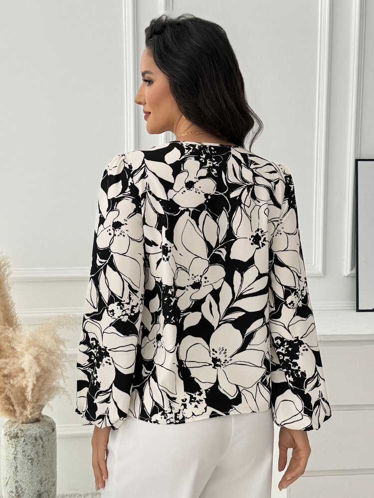 Medorina Elegant Business, Floral Flower Print, Blouses Tops, Silky Chiffon, Black White, V-Neck Long Sleeve, Office Workwear Social, Fall Autumn Winter - Multicolor - View 2