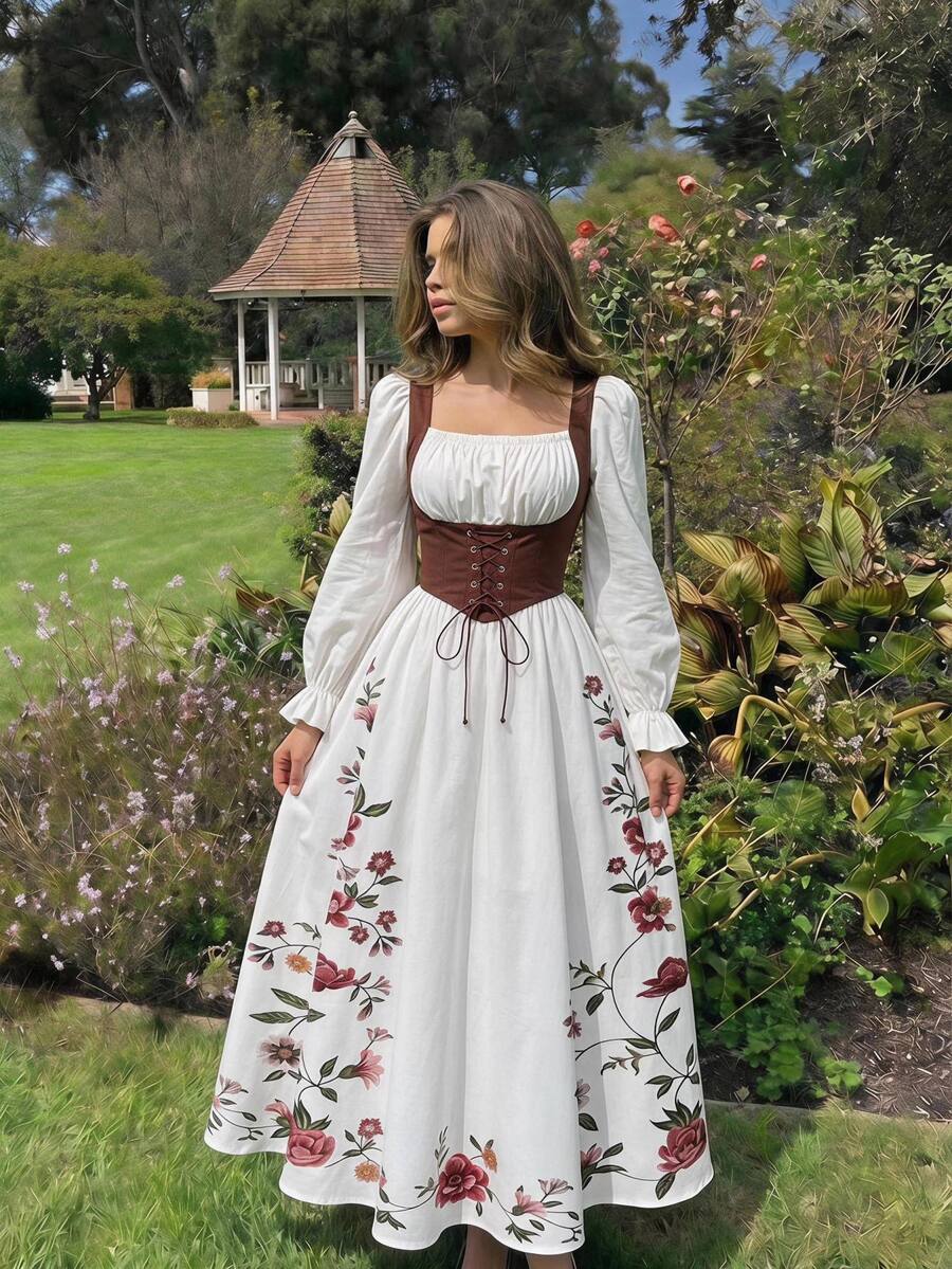 SHEIN MOD فستان نسائي بطبعة زهور مطوي بألوان متباينة وربطة خصر أنيق بأسلوب كوتج كور لحفلات الغداء والشاي والعطلات، أبيض مزهر خريفي، ملابس عصر النهضة، قوطي - متعدد الألوان - مشاهدة 1