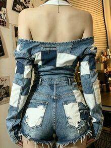 INAWLY Women's Casual Fashion Versatile Denim Effect Print Halter Top - Multicolor - View 2