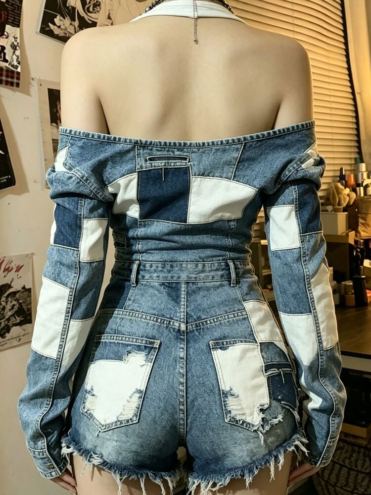 INAWLY 女款休閒時尚百搭牛仔效果印花掛脖上衣 - 彩色 - 查看 2