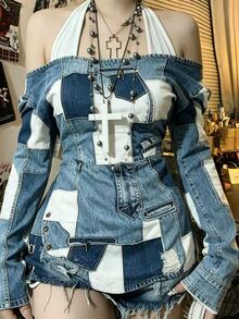 INAWLY Women's Casual Fashion Versatile Denim Effect Print Halter Top - Multicolor - View 5