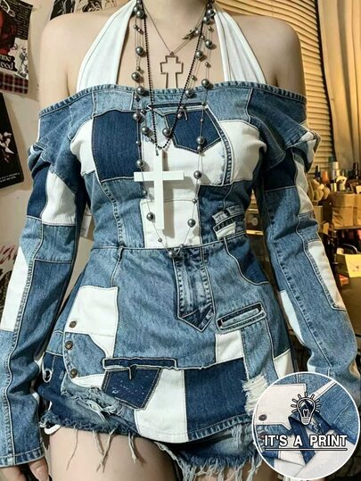INAWLY Women's Casual Fashion Versatile Denim Effect Print Halter Top
