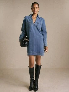 Poéselle 女款休閒牛仔洋裝，秋季早午餐藍色秋季洋裝，適合女性日常外出穿著 - 中等水洗藍 - 查看 9