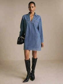 Poéselle 女款休閒牛仔洋裝，秋季早午餐藍色秋季洋裝，適合女性日常外出穿著 - 中等水洗藍 - 查看 8
