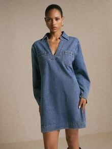 Poéselle 女款休閒牛仔洋裝，秋季早午餐藍色秋季洋裝，適合女性日常外出穿著 - 中等水洗藍 - 查看 4