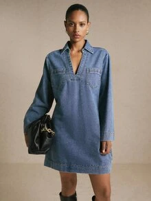 Poéselle 女款休閒牛仔洋裝，秋季早午餐藍色秋季洋裝，適合女性日常外出穿著 - 中等水洗藍 - 查看 10