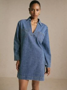 Poéselle 女款休閒牛仔洋裝，秋季早午餐藍色秋季洋裝，適合女性日常外出穿著 - 中等水洗藍 - 查看 6