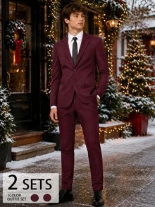 Teen Boys Burgundy Gentleman Suit Blazer + Trousers, For Performance, Wedding, Graduation, Autumn, Back To School, Christmas, Halloween, Formal Set - Burgundy - View 3