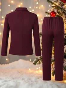 Teen Boys Burgundy Gentleman Suit Blazer + Trousers, For Performance, Wedding, Graduation, Autumn, Back To School, Christmas, Halloween, Formal Set - Burgundy - View 2