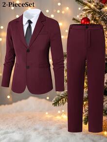 Teen Boys Burgundy Gentleman Suit Blazer + Trousers, For Performance, Wedding, Graduation, Autumn, Back To School, Christmas, Halloween, Formal Set - Burgundy - View 1