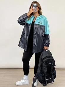 SHEIN CURVE+ Plus Size Women's Colorblock Casual Versatile Everyday Long Sleeve Jacket Fall - Multicolor - View 4