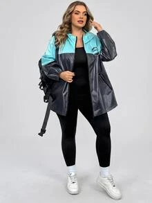 SHEIN CURVE+ Plus Size Women's Colorblock Casual Versatile Everyday Long Sleeve Jacket Fall - Multicolor - View 3
