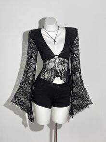 INAWLY Casual Vacation Deep V-Neck Lace Asymmetrical Hem Long Sleeve Top - Black - View 4