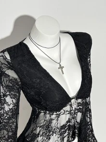 INAWLY Casual Vacation Deep V-Neck Lace Asymmetrical Hem Long Sleeve Top - Black - View 6