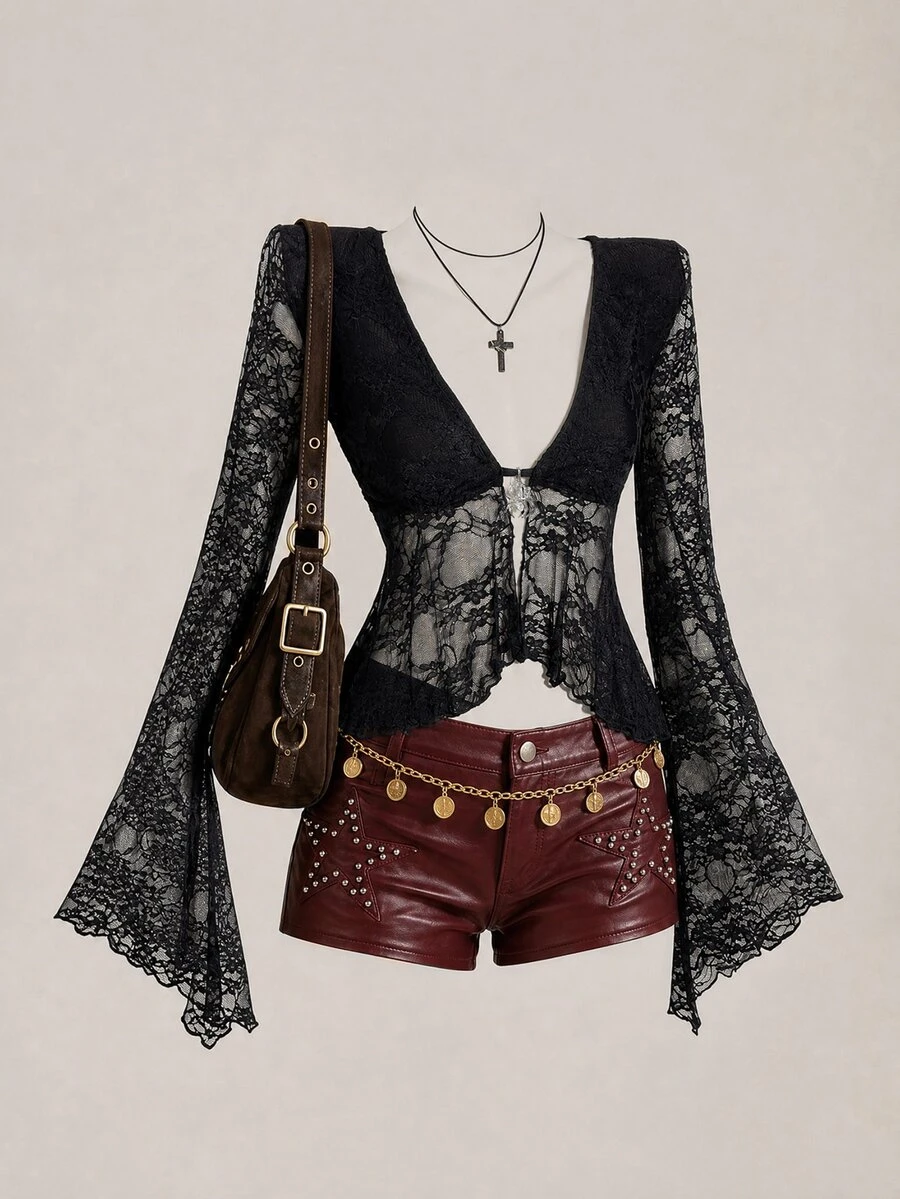 INAWLY Casual Vacation Deep V-Neck Lace Asymmetrical Hem Long Sleeve Top - Black - View 1
