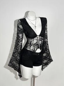 INAWLY Casual Vacation Deep V-Neck Lace Asymmetrical Hem Long Sleeve Top - Black - View 7